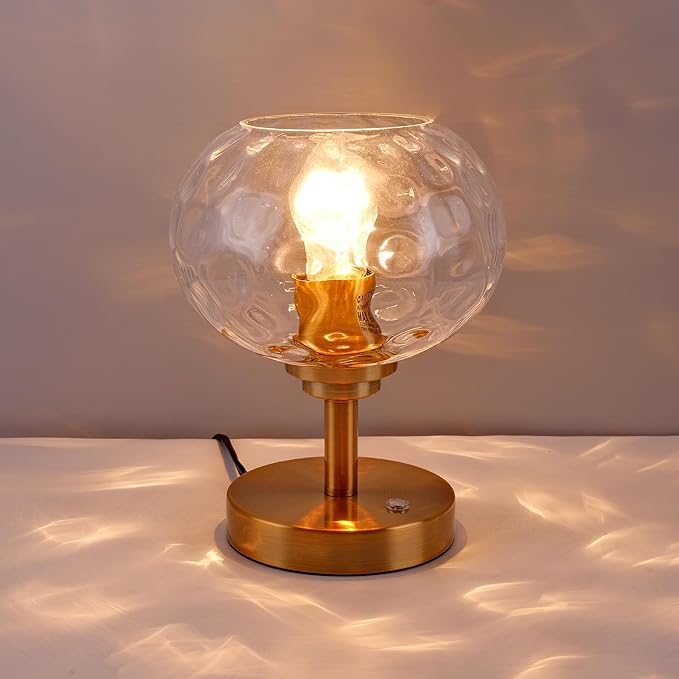 Touch Control Hammered Glass Table Lamp Brass Gold Portable Dimmable Brightness Small Nightstand Light 3-Way Stepless Dimming Bedside Bedroom Living Room (Clear Glass & Gold) - Bloomnest