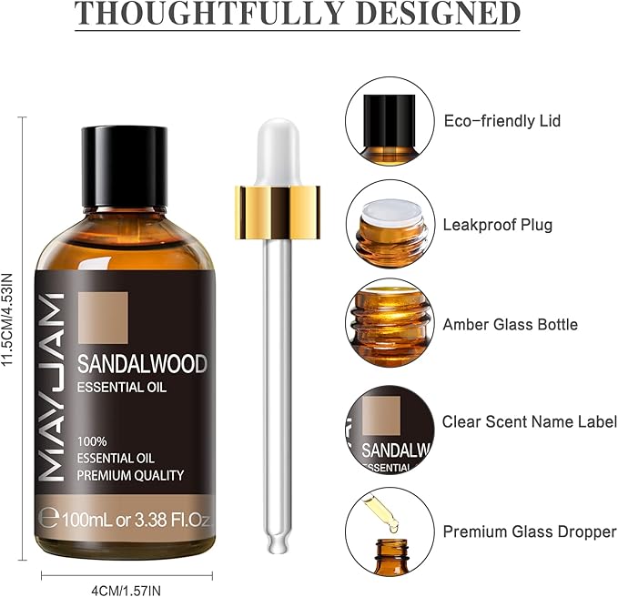Sandalwood Essential Oil, 3.38FL.OZ Pure Essential Oils by MAYJAM, Large Volume Sandalwood Oil, Perfect for Aromatherapy Diffuser, Great for DIY Candle and Soap Making - Bloomnest