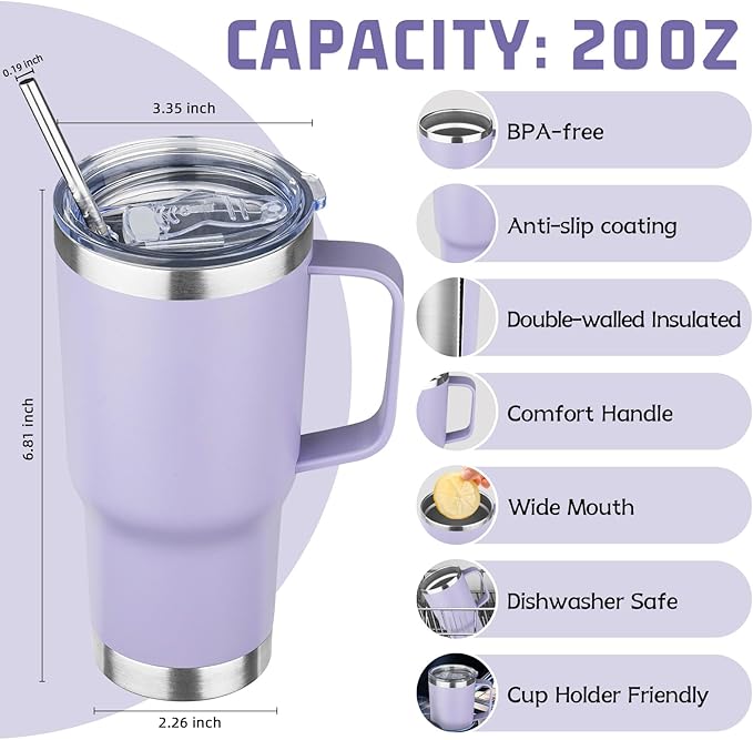 20 oz Tumbler with Handle Stainless Steel Insulated Coffee Mug Tumbler with Lid and Straw Double Wall Vacuum Insulated Coffee Mug Leak Proof Travel Tumbler for Hot and Cold Drink (Pale Purple,4pack)
