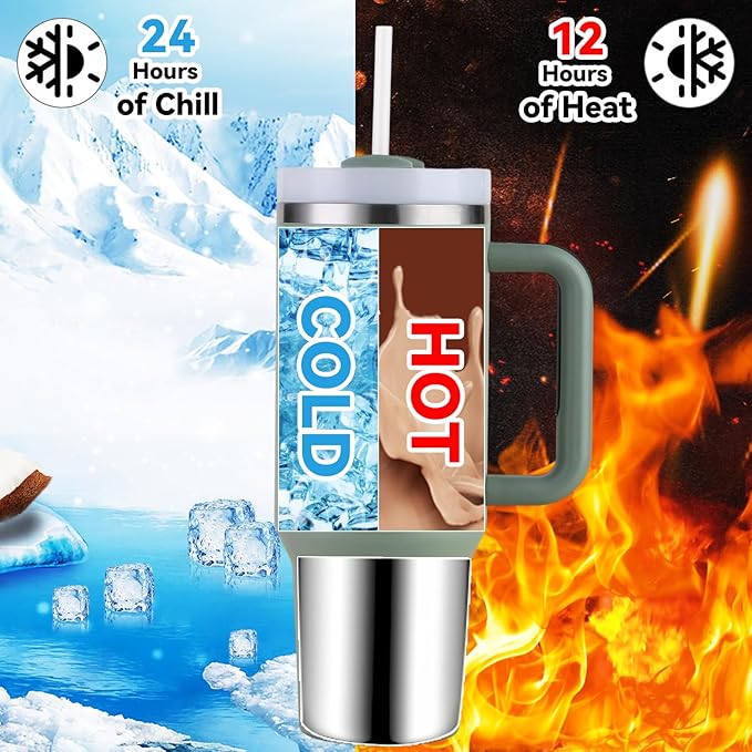 40 oz Tumbler Insulated Mug w/Straw & Flip Cap Lids - Cup Holder Bottle with 6 Accessories Set for Hot, Cold Drink - Leak-Proof - Water, Coffee Portable Travel Mug (Agave) - Bloomnest