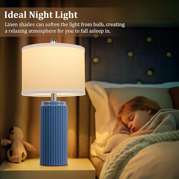 TOBUSA 23.5’’ Blue Table Lamps for Bedroom Set of 2, Modern Farmhouse Ceramic Bedside Nightstand Lamps for Living Room, Decorative Boho Ceramic Lamps Set for Home Office End Table Console, White Shade - Bloomnest