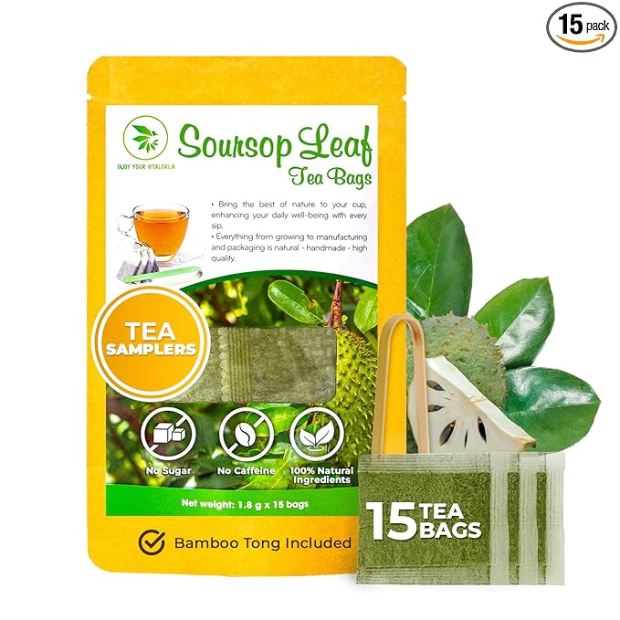 Soursop Graviola Leaf Tea Samplers - 15 Count, Bamboo Tong Included, No Sugar Added, No Caffeine, Re-Steep Morning Herbal Detox Tea for Relax & Refreshing, Hoja De Guanabana Mini Tea Bags - Bloomnest