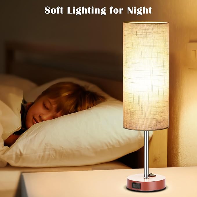 ZJOJO Table Lamp for Bedroom 2 Pack,18in Bedside Lamps with 3 Way Dimmable Rocker Switch & AC Outlet,Nightstand Desk Lamp with Gray Fabric Shade Brown Base for Living Room Home Decor Lights - Bloomnest