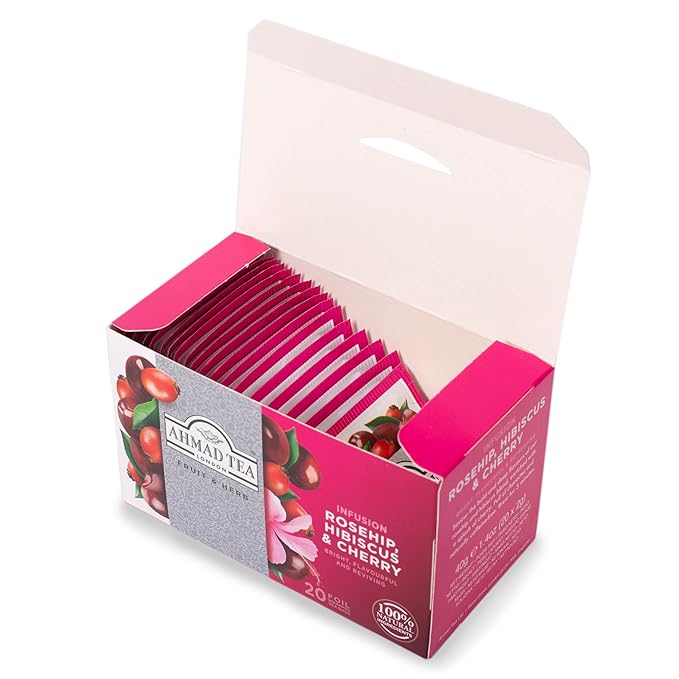Ahmad Tea Herbal Tea, Rosehip, Hibiscus, & Cherry, 20 ct (Pack of 1) - Decaffeinated & Sugar-Free - Bloomnest