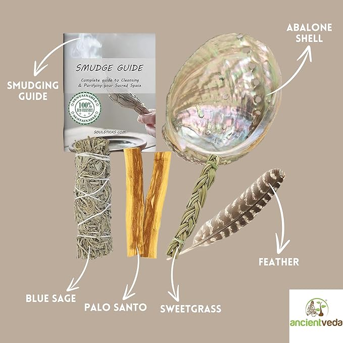 Ancient VEDA Sage Smudge Kit | Blue Sage, Sweetgrass & Palo Santo Sticks - Meditation, Yoga & Home Cleansing Kit
