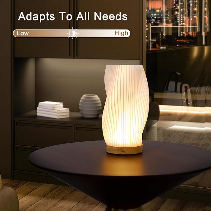 JHY DESIGN 3D Printed Touch Bedside Lamp 9" H Table Lamp 3-Color Light Source Dimmable Nightstand Lamp with Woodbase for Bedroom Living Room Indoors Outdoors(Spiral,Type-C Charging) - Bloomnest