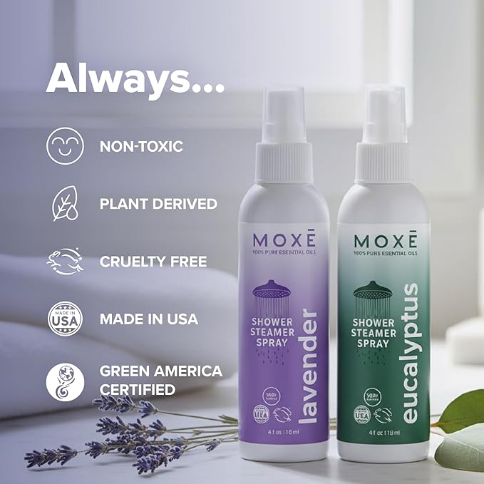 MOXE Shower Mist, Spa Steam Spray, Certified Natural Essential Oils, Aromatherapy, Calming Relief (Lavander and Eucalyptus, 4 Fl Oz (Pack of 2)) - Bloomnest