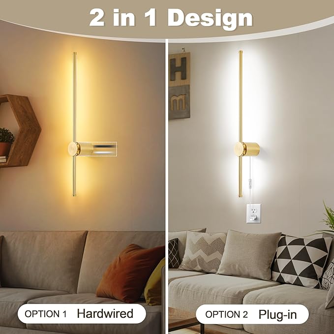 Wall Sconces Set of Two with Remote, Stepless Colors 3000K-6500K & Stepless Dimming, Hardwire or Plug-in, 180° Rotate, LED Gold Plug in Wall Sconces with Timer & Night Light, 23.6 Inches - Bloomnest