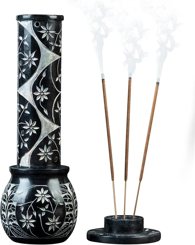 Crocon Black Marble Soapstone Incense Stick Burner Round Shape Flower & Leaf with Handi Design Tower Burner Candle Stick Holder Decorative Home & Kitchen 2.7x2.7x10 Inch