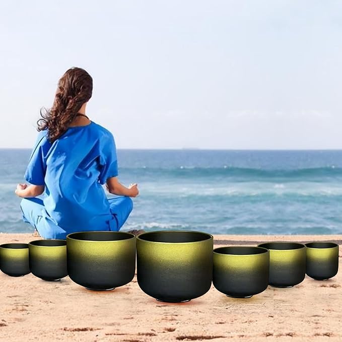 Ryan Dvan Crystal Singing Bowl Set 7-12 Inch, Black with Gold Frosted Quartz Sound Therapy Bowls with Mallets, O-Rings & 2 Carrying Cases — Chakra Healing, Reiki, Yoga, Meditation, Energy Balancing - Bloomnest