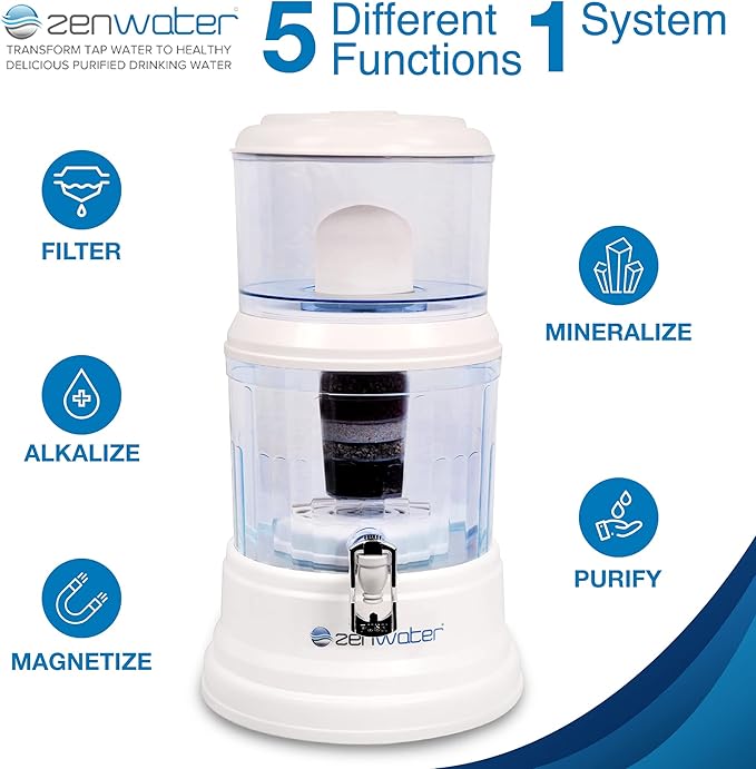 ZENWATER 4-Gallon Countertop Gravity Water Filter System - Portable Alkaline Filtration System - Enjoy Clean and Mineral-Rich Hydration at Home, Office, or Travel - Bloomnest