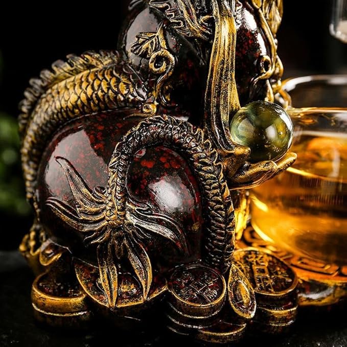 Glass Teapot Set with Infuser Semi Automatic Dragon Tea Set with 6 Small Cups (red golden dragon) - Bloomnest