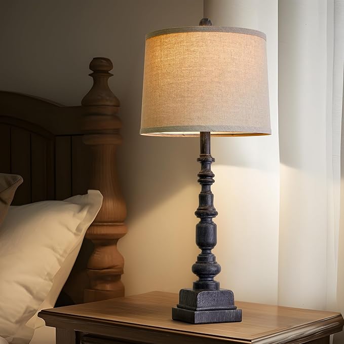 Oneach 27.75” Vintage Farmhouse USB A+C Table Lamps Set of 2 for Living Room Bedroom Traditional Bedside Nightstand Lamp Retro Resin Lamps Linen Shade Nightstand Home Office Antique Black Accent - Bloomnest