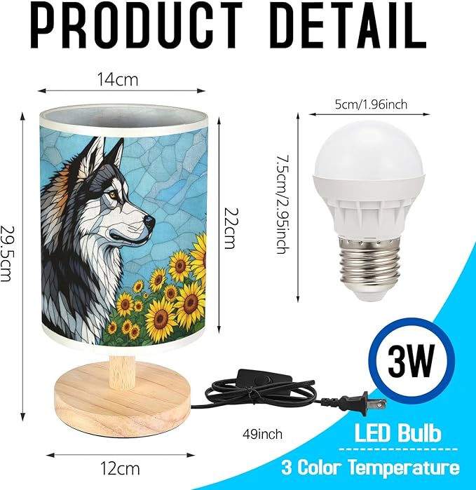 Alaskan Malamute Table Lamp LED 3-Color Pressed Bedside, Dog Shade Lamp with Wood Base for Bedroom Living Room Desk Office - Bloomnest