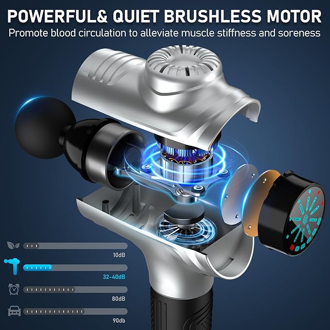 RAEMAO Massage Gun, Handheld Electric Deep Tissue Muscle Massager for Athletes for Pain Relief Attaching 8 Replacement Heads, Percussion Massager with 10 Speeds, Father's Day Gifts, Silver - Bloomnest