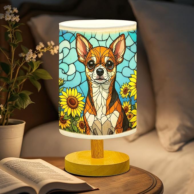 Chihuahua Table Lamp LED 3-Color Pressed Bedside, Dog Shade Lamp with Wood Base for Bedroom Living Room Desk Office - Bloomnest