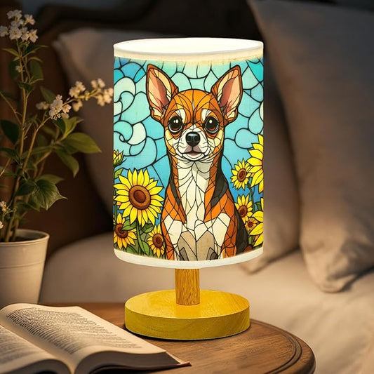 Chihuahua Table Lamp LED 3-Color Pressed Bedside, Dog Shade Lamp with Wood Base for Bedroom Living Room Desk Office - Bloomnest