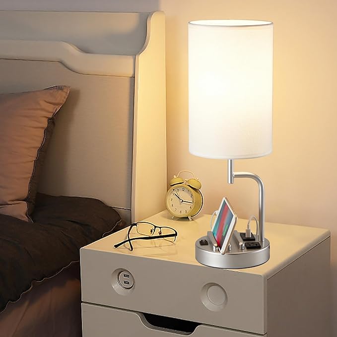 Dreamholder Table Lamp with 3 USB Charging Ports, Modern Desk Lamp with AC Outlet and Phone Stands, Perfect Bedside Lamp for Bedroom, Living Room, Office (Pack of 2), Silver - Bloomnest