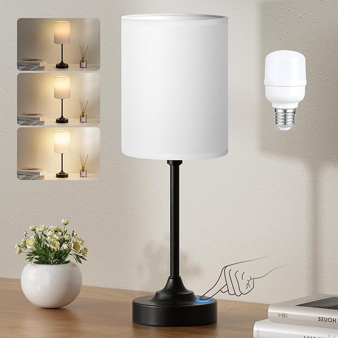 Fenmzee Touch Nightstand Bedroom Lamp - 3 Way Dimmable Bedside Lamp, Small Table Lamp Linen Lampshade for Office Desk, LED Bulb Included - Bloomnest