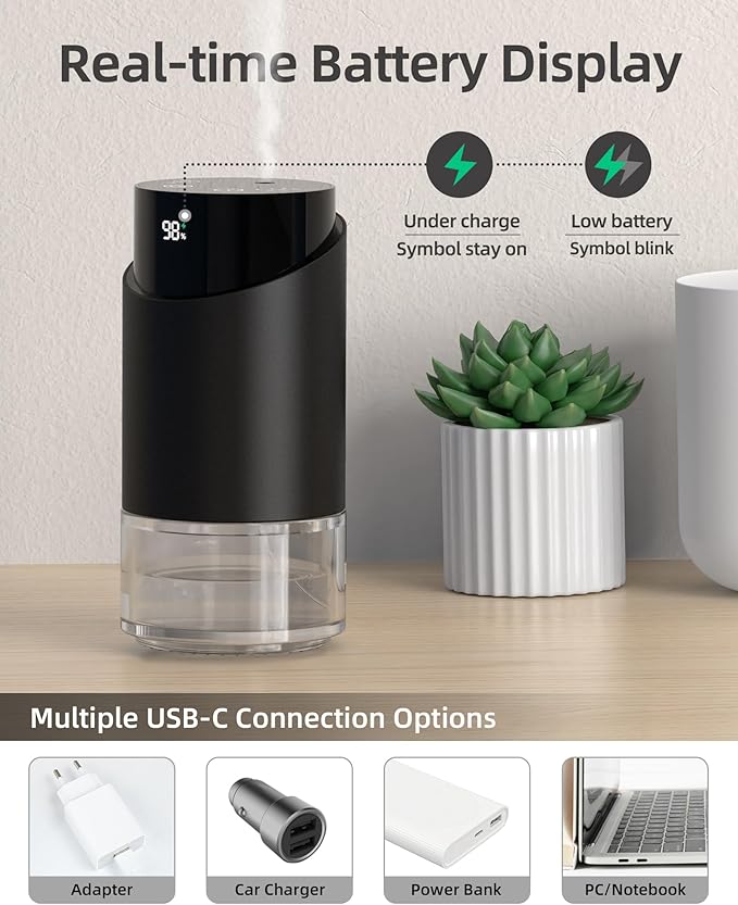 Waterless Essential Oil Diffuser Aromatherapy Scent Diffusers for Home Large Room, Car, Office, Desk, Mini Battery Operated Cordless Air Freshener, 4 Timers & 3 Mist Levels, 100ml Capacity (Black) - Bloomnest