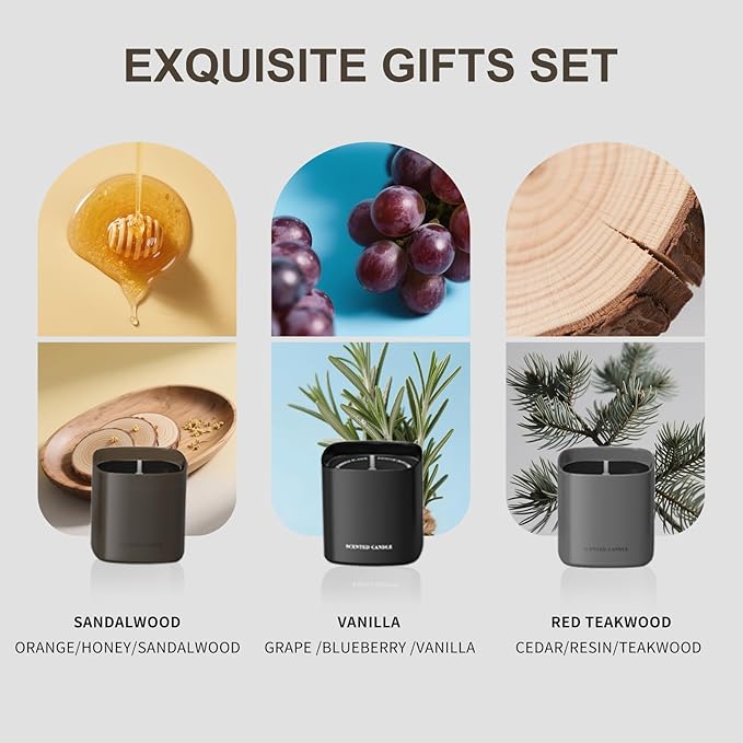 Scented Candles for Men - 3 Pack Vanilla Teakwood Mens Candles Gift Set | Essential Oil Soy Wax Candle | Luxury Masculine Gifts for Him, Husband, Boyfriend - Bloomnest