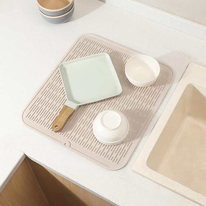 Silicone Dish Drying Mat for Multiple Usage,Easy clean,Eco-friendly,Heat-resistant Silicone Mat for Kitchen Counter or Sink,Refrigerator or Drawer Liner Tapioca XL 18 inches x 16 inches - Bloomnest