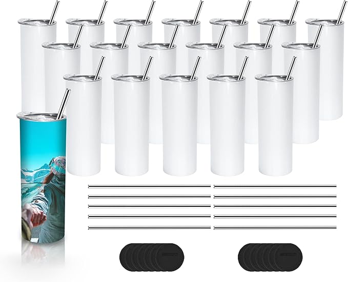 AGH 25 Pack 20 OZ Sublimation Tumblers Blank, Straight Skinny Tumbler with Metal Straw, Stainless Steel Double Layer Insulated Mug, Individually Box, Travel Tumblers - Bloomnest