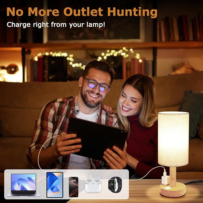 Small Bedside Table Lamp with AC Outlet, Natural Wood Base & Linen Shade, Mini Cute Cozy Warm White Nightstand Boho Lamp, Study Desk Night Stand Light for Bedroom, Kitchen, Nursery, Living Room - Bloomnest