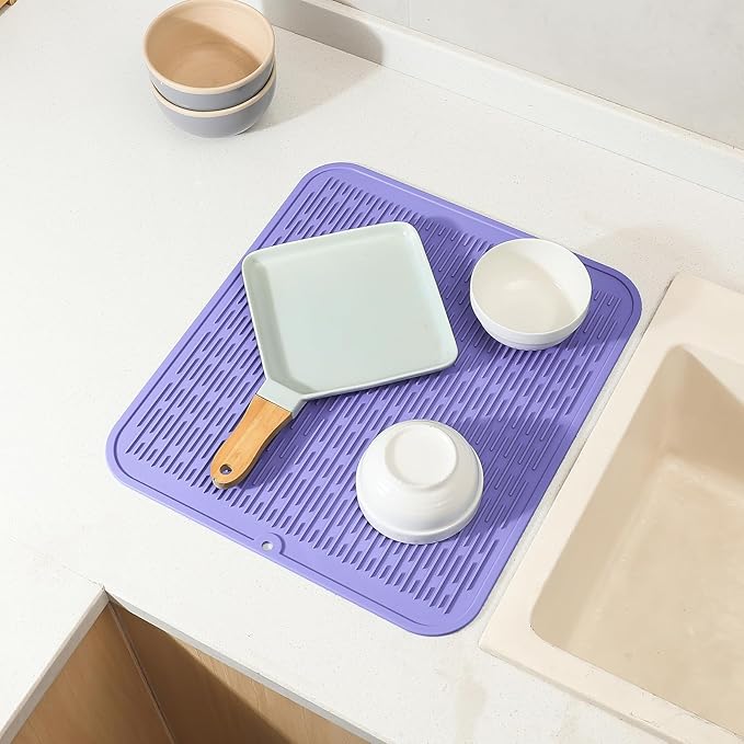 Silicone Dish Drying Mat for Multiple Usage,Easy clean,Eco-friendly,Heat-resistant Silicone Mat for Kitchen Counter or Sink,Refrigerator or Drawer Liner Light Purple XL 18 inches x 16 inches - Bloomnest