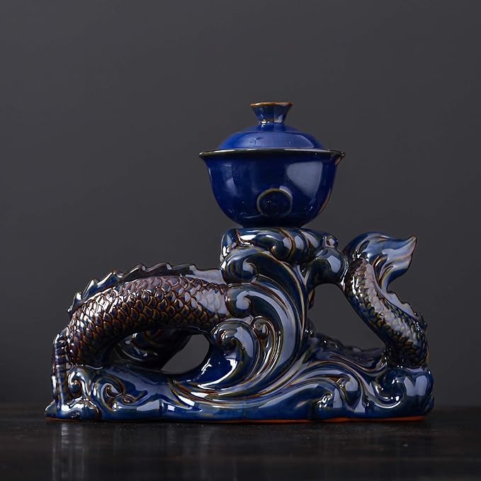 Semi Automatic Tea Set Ceramic Teapot with Infuser Magic Teapot with 8 cups (Dark Blue Dragon-D) - Bloomnest