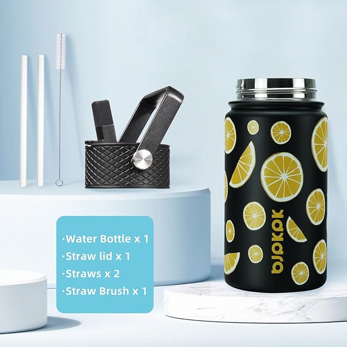 BJPKPK Water Bottle with Straw Lid, 15 oz Insulated Water Bottle, Stainless Steel Metal Water Bottles, Reusable Leak Proof BPA Free Thermo, Flask, Cups,Lemon - Bloomnest