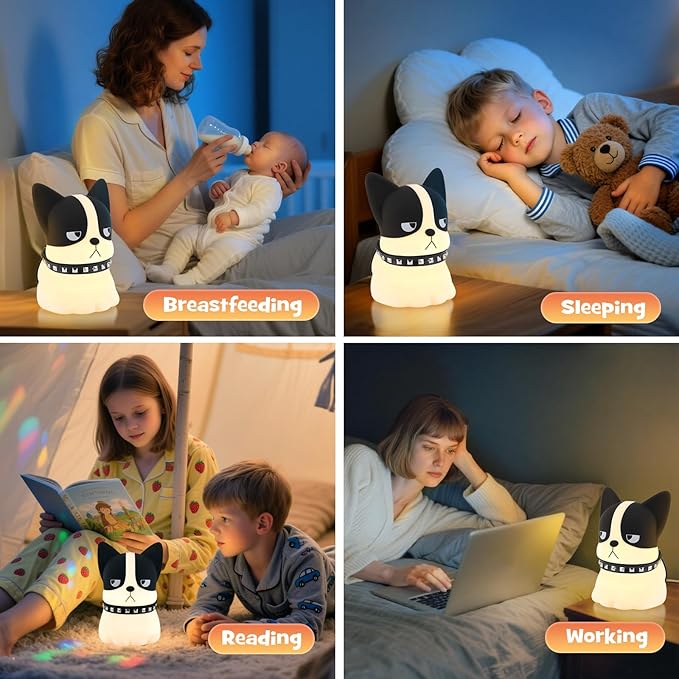 Squishy Puppy Night Light with RGB Mode 3 Brightness Adjustable Nursery Breastfeeding Nightlight Cute Novelty French Bulldog Animal Lamp Rechargeable Silicone Touch Bedside Lamp for Bedroom Dorm Decor - Bloomnest