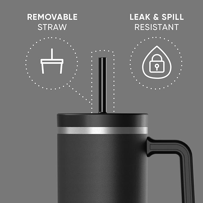 Hydrapeak Voyager 40 Oz Stainless Steel Tumbler with Handle, Insulated Water Bottle With Straw & Lid, Cupholder Friendly Reusable Travel Mug (Black) - Bloomnest