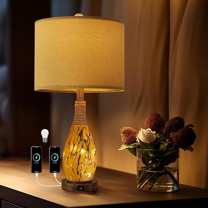 OYEARS 23" USB A+C Table Lamp for Bedroom Living Room Modern Bedside Lamps Retro Farmhouse Rattan Glass Nightstand Nightlight Lamps (Amber),Two Light Points - Bloomnest