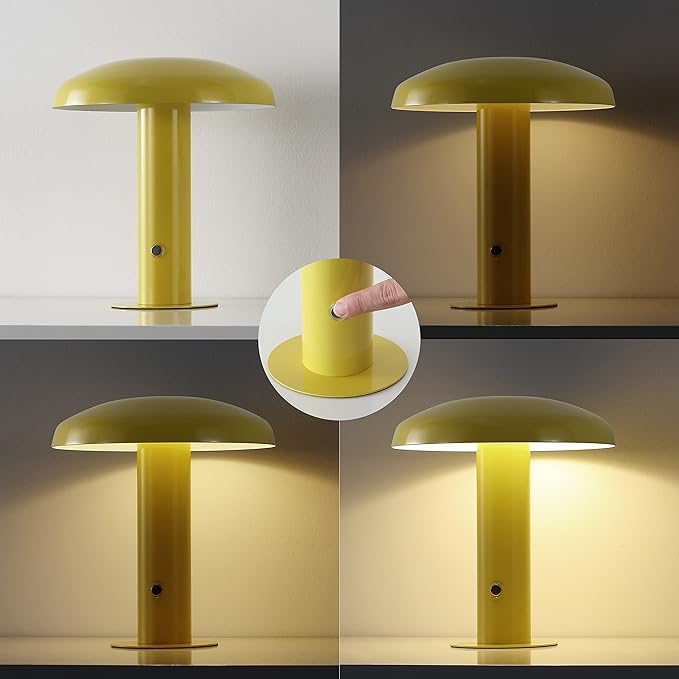 JONATHAN Y JYL7114C Suillius 11" Contemporary Bohemian Rechargeable/Cordless Portable Iron Integrated LED Mushroom Table Lamp Modern, Coastal Bedside Desk Nightstand Lamp, Yellow - Bloomnest