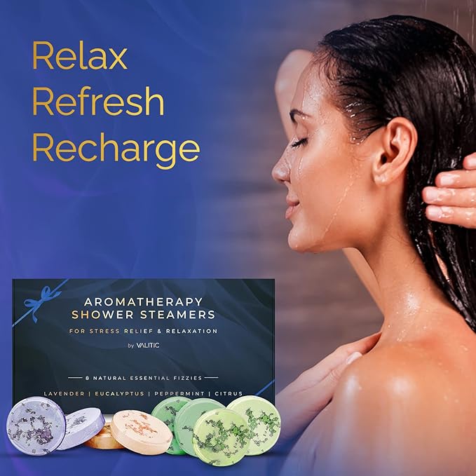 Valitic Aromatherapy Shower Steamers for Stress Relief and Relaxation - Gifts for Women Mom Birthday 8 Natural Essential Fizzies Shower Bombs - 4 Scents - Lavender, Eucalyptus, Citrus, and Peppermint - Bloomnest