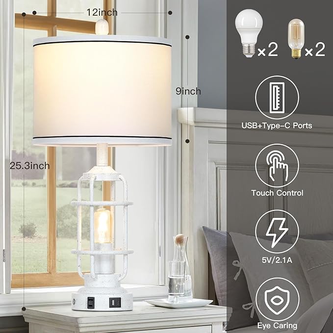 Farmhouse Industrial Lamps with USB A+C Charging Ports & AC Outlet, 3 Way Dimmable Touch Control Vintage Rustic Table lamps for Living Room, White Retro Beside Nightstand Metal Modern Lamp for Bedroom - Bloomnest