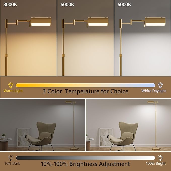SUNMORY Dimmable LED Pharmacy Floor Lamp, 16W/1500LM Bright Reading Floor Lamp with Remote & Touch Control, 350°Swing Arm, Adjustable Task Craft Standing Lamp for Living Room Bedroom Office, Gold - Bloomnest