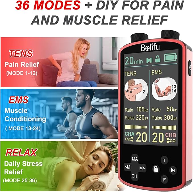 TENS EMS Unit Muscle Stimulator for Pain Relief Therapy - 4 in 1 TENS & EMS & Relax & Custom Frequency + Pulse - Muscle Massager 36 Modes 20 Intensity, Memory & Favorites Function with 600mAh Battery - Bloomnest