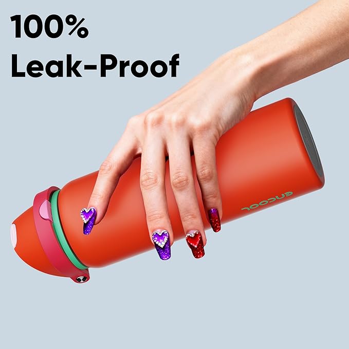 Insulated Water Bottle with Straw - Encool Stainless Steel Water Bottle with Push Button Lid, Leak-Proof & BPA-Free, Keeps Cold for 24 Hours for Sports, Travel, Gym (32 oz, Grapefruit Red) ENCOOL