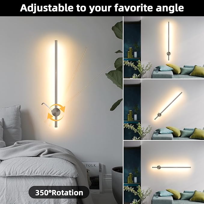 Battery Operated Wall Sconces with Remote, Dimmable 3000K-6000K/Timer/Memory LED Wall Lamp, 350°Rotate, USB Rechargeable Wireless wall lights for Living Room, Bedroom Brushed Nickel 23.6" (2 Pack) - Bloomnest