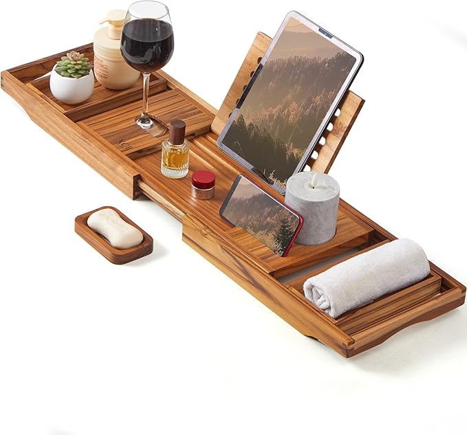 XcE Teak Bathtub Caddy Tray - Expandable to 41 Inches with Book Stand, Soap Holder & Anti-Slip Pads for Luxury Bath Spa, Teak - Bloomnest