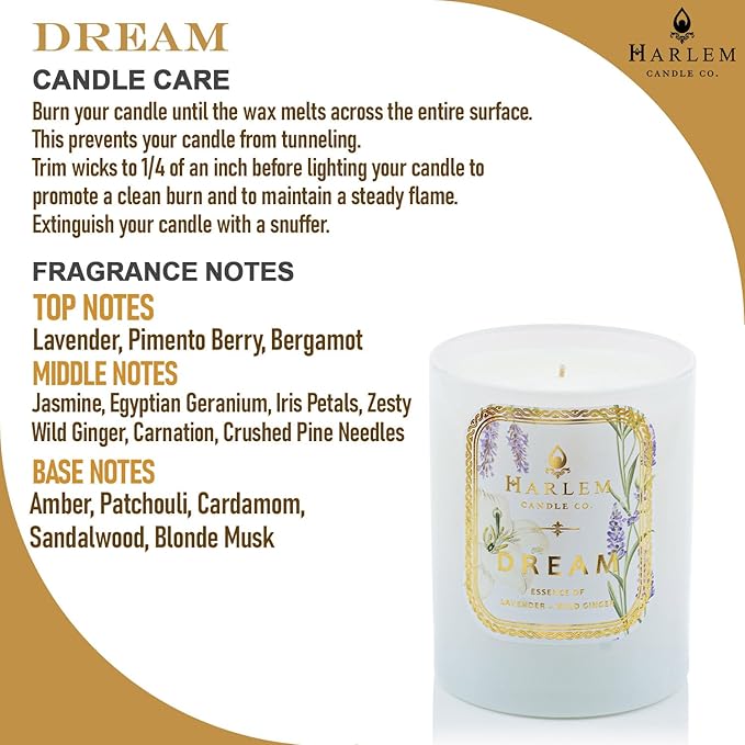 HARLEM CANDLE CO. - Dream - Luxury Scented Soy Candle, 11 oz - 80-Hour Burn Time | Lavender, Pimento Berry, Bergamot, Jasmine, Wild Ginger, Sandalwood | Scented Candles for Home - Bloomnest