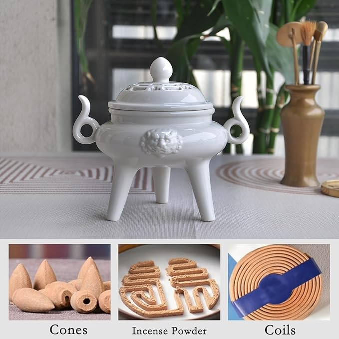 Ceramic Incense Cone Burner with Lid,Stylish Incense Holder for Coil Incense and Powder Incense,Mediation Gift,Room Decor(White) - Bloomnest