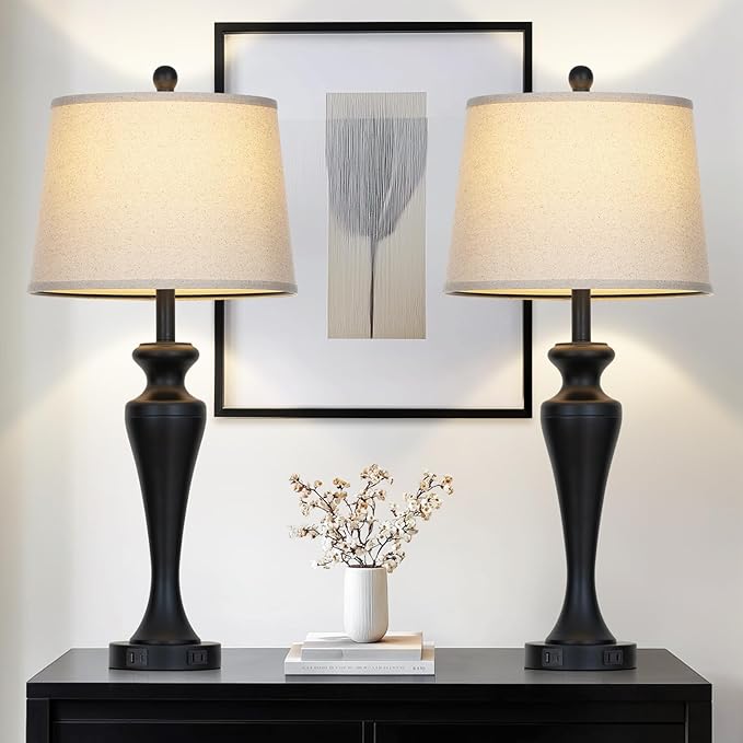 30" Black Table Lamps Set of 2, Touch Control Tall Living Room Lamp with USB A+C Ports and AC Outlet, 3-Way Dimmable Bedside Lamps for Nightstand, Modern Metal Bedroom Lamp, 2 Bulbs Included - Bloomnest