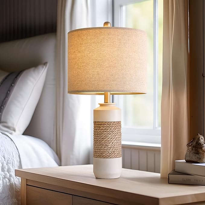 OYEARS 23.75" Bedside Table Lamps Set of 2 for Sleeping and Reading, Vintage Farmhouse Rattan Table Lamp Antique White Resin Lamp for Decoration, Office Living Room Bedside Table - Bloomnest