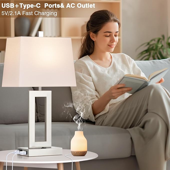 Table Lamp Set of 2 with USB C+A Ports & AC Outlet, Bedside Lamps, Modern Bedroom Lamps, Silver Lamps for Night Stands Bedroom Living Room,Nightstand Lamp - Bloomnest