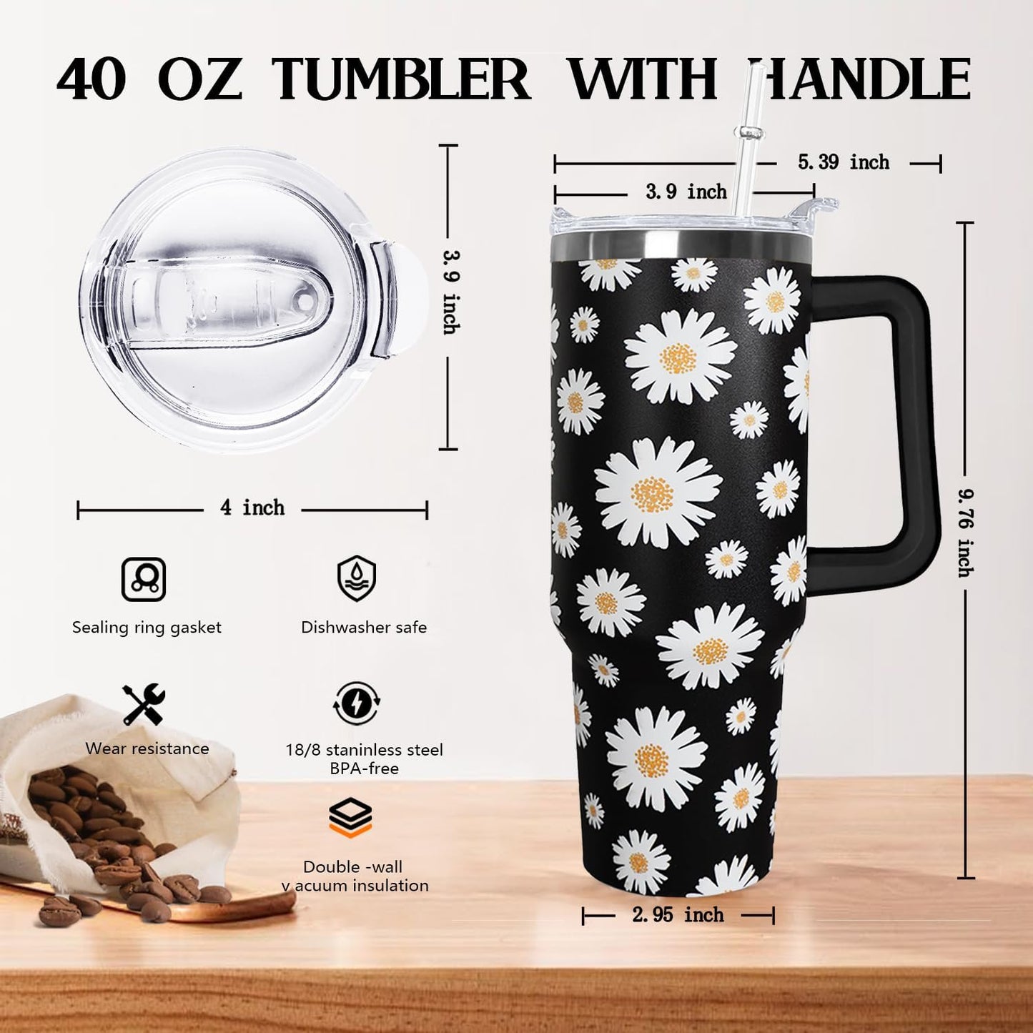 Ceovfoi 40 Oz Daisy Tumbler With Handle,Daisy Coffee Travel Mug Cup Water Bottle,Daisy Decor,Daisy Gifts for Women