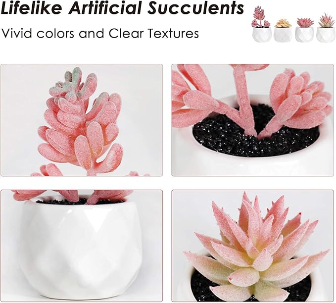 Tiita Artificial Faux Succulents in Pots, Pink Fake Plants Ceramic Arrangement Planter for Women Desk Small Mini Tiny Decoration for Home Office Desk Window 4 Set, Pink - Bloomnest