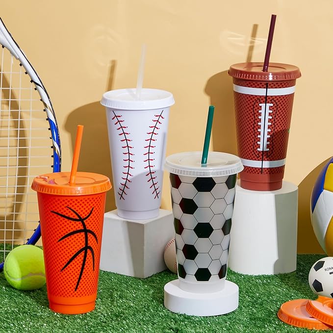 12 Pcs Sports Themed Party Decorations Cups 24 oz Plastic Tumbler with Lid and Straw Reusable Cups Gifts Sports Birthday Decorations for Coach Boyfriend Party Favors - Bloomnest